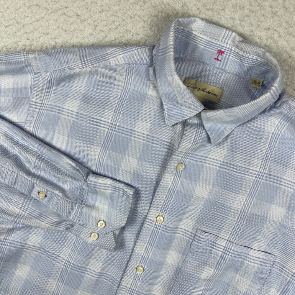 Tommy Bahama Button Down Shirt Mens 16 34-35 Blue Plaid Cotton Long Sleeve Top
